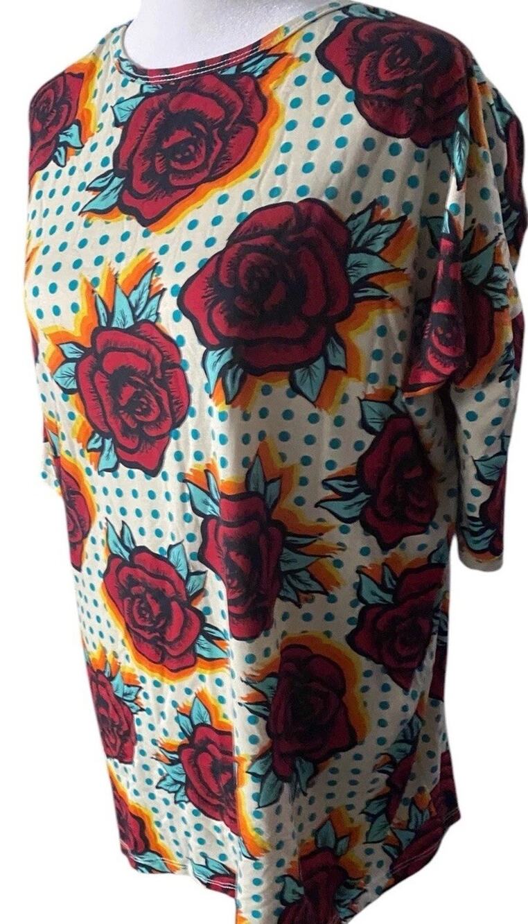 Lularoe Perfect T Roses Polka Dot Women L Flowers Tee Shirt Tunic Top Retro
